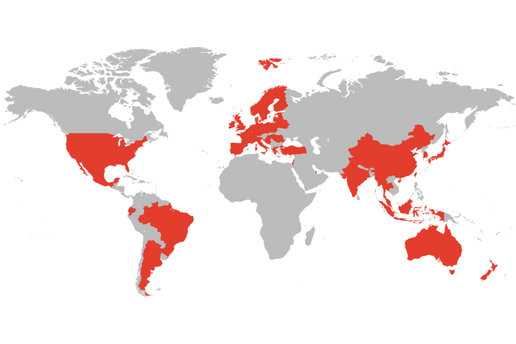 World map showing Syrris office and distributor territories